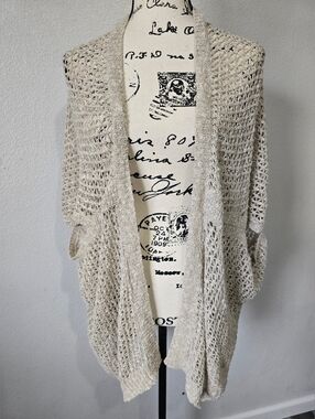 Eileen Fisher Women Open Front Crochet Cardigan Sweater M Linen Blend